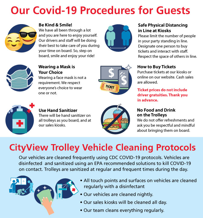 Our COVID-19 Procedures for guests, CityView Trolley vehicle cleaning protocols